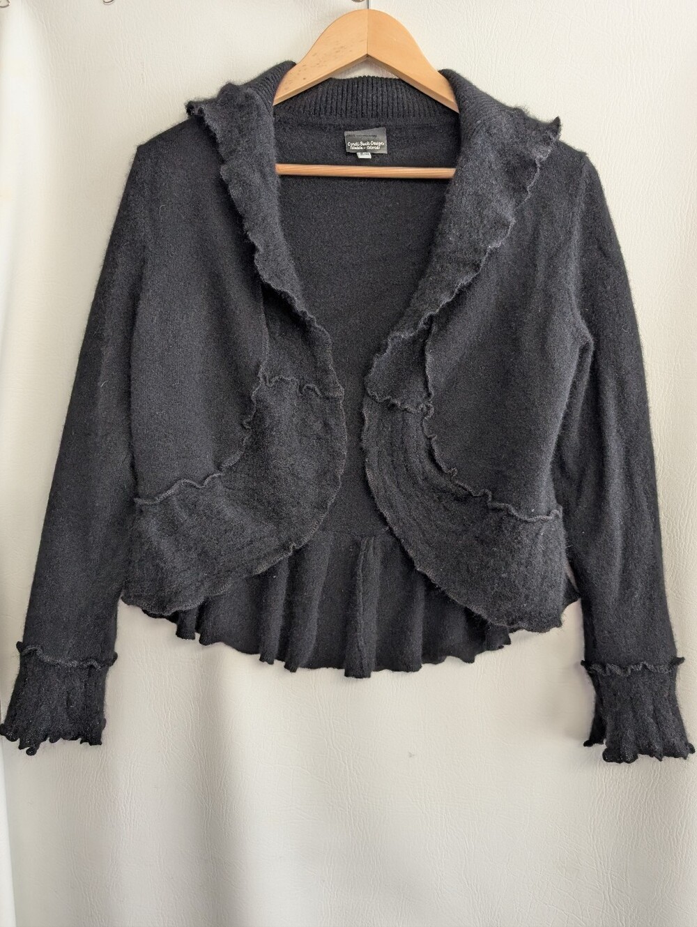 Cindy Buck Design Cashmere Black Ruffle-Edge Cropped Cardigan Sweater Open Front